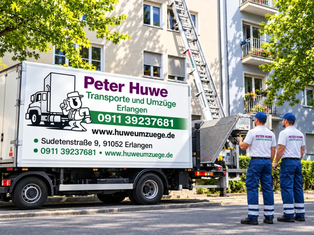 Umzugsunternehmen Erlangen – Huwe Umzüge mit Umzugswagen, Möbelaufzug und zwei Mitarbeitern im Einsatz.